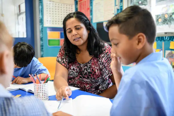 stock A teacher exemplifying one of the 10 essential classroom management skills as her class is focused and organised.