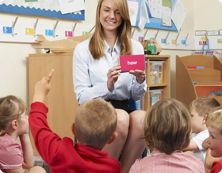 teaching phonics A teacher exemplifying one of the 10 essential classroom management skills as her class is focused and organised.
